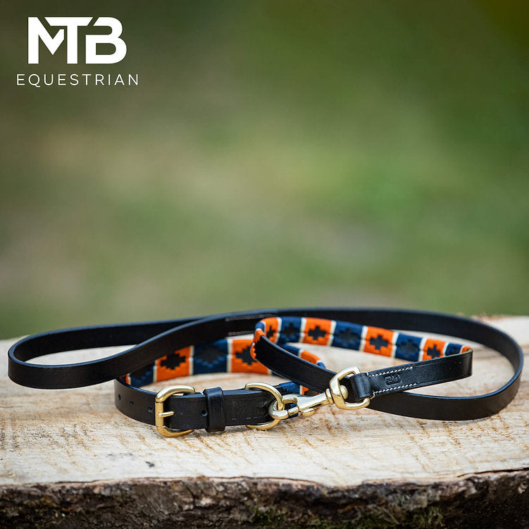 Leren Polo Halsband + Lijn Set Oranje Blauw – MTB Equestrian