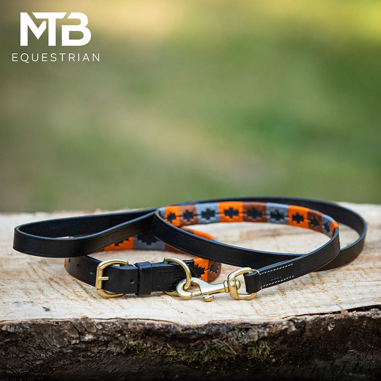 Leren Polo Halsband + Lijn Set Oranje Bruin Grijs – MTB Equestrian