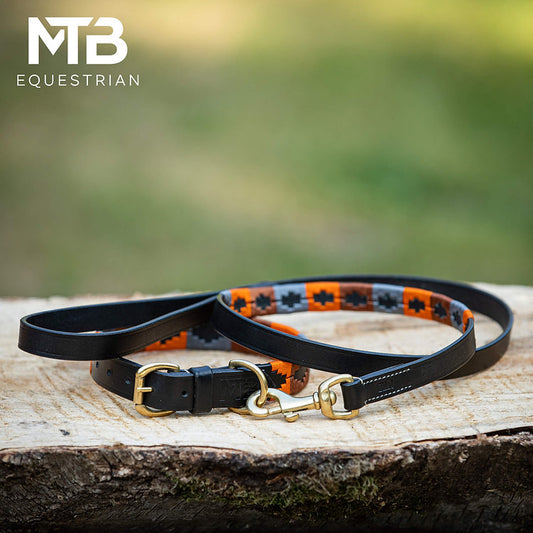 Leren Polo Halsband + Lijn Set Oranje Bruin Grijs – MTB Equestrian
