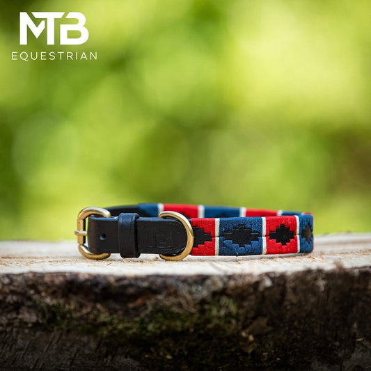 MTB Equestrian - Leren Honden Halsband Polo Rood Wit Blauw - Halsband