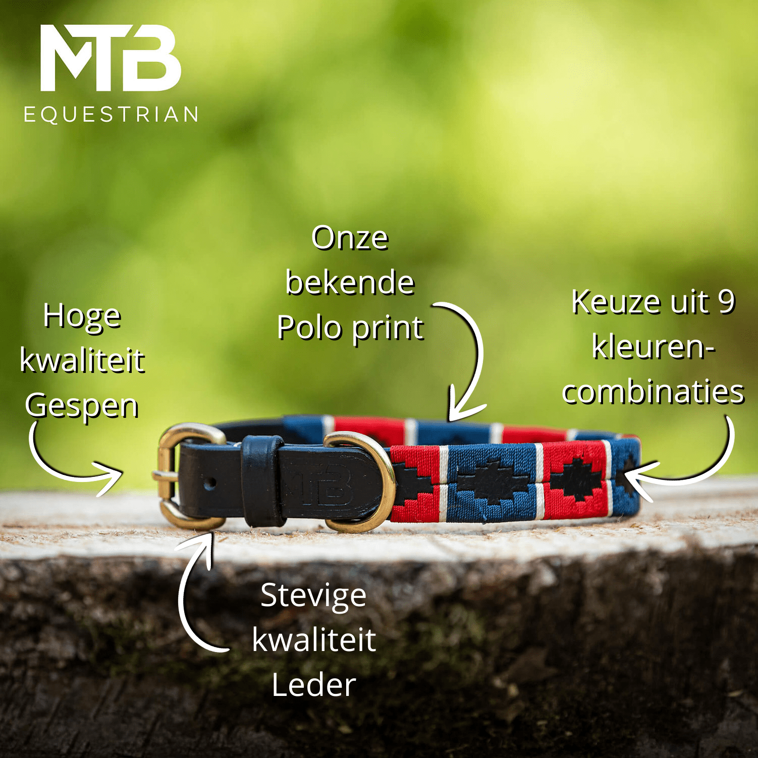 MTB Equestrian - Leren Honden Halsband Polo Rood - Wit - Blauw - Halsband